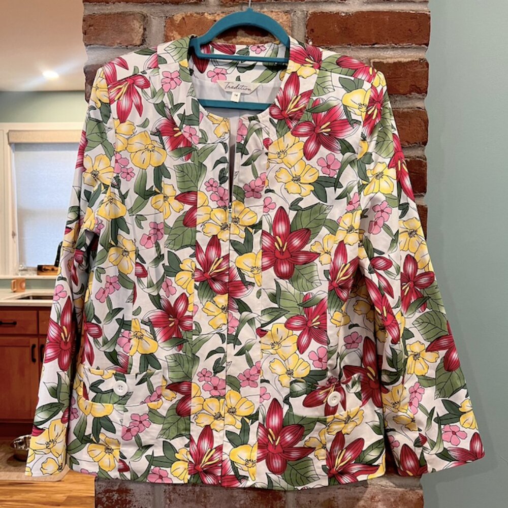 Bright Floral Tradition Zip Up Blazer/ Spring Coat - Size 14 (Colourful, Girly)